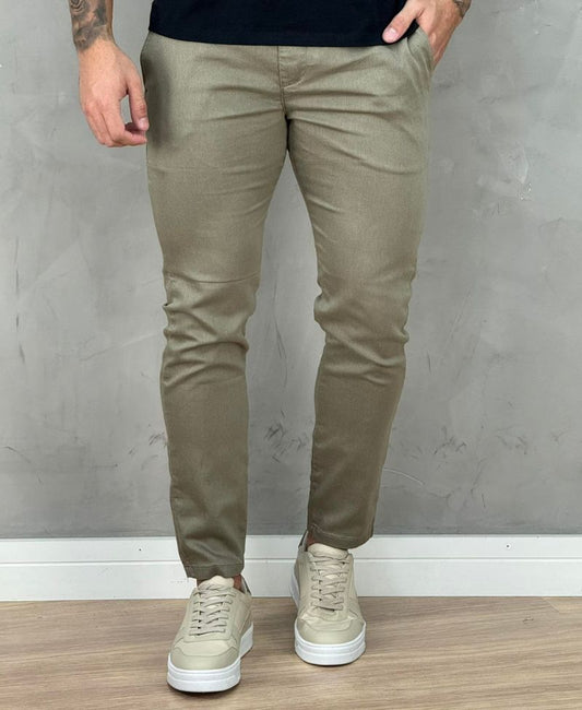 Calça Alfaiataria Caqui Masculina Skinny Acetinado - Visual jeans