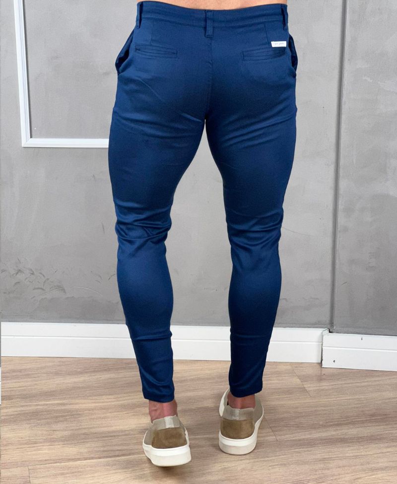 Calça Alfaiataria Azul Marinho Masculina Acetinada Skinny - Per Pochi