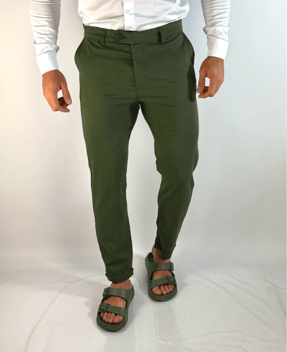 Calça Alfaiataria Linho Cós Transpassado Verde - Per Pochi