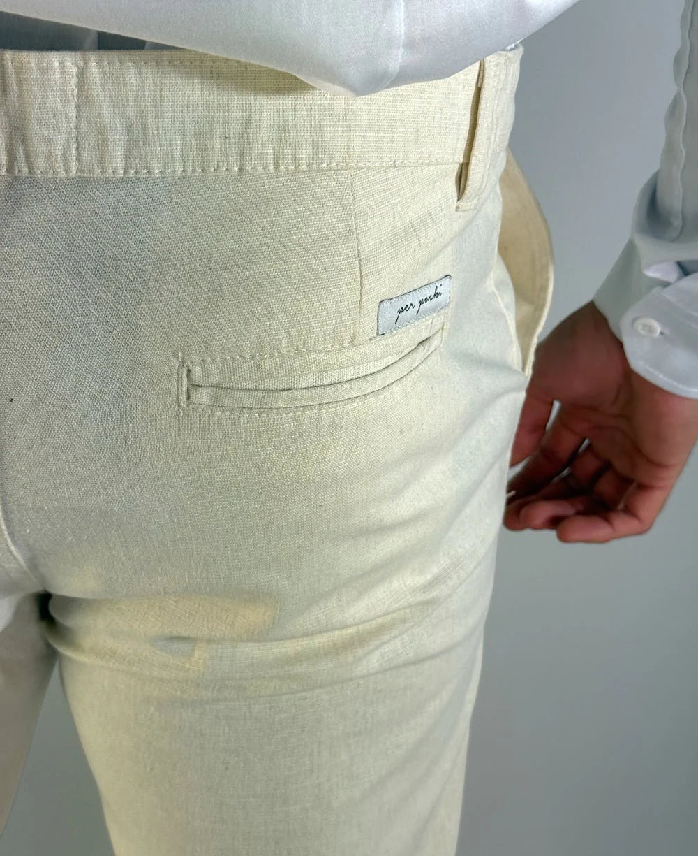 Calça Alfaiataria Linho Cós Transpassado Areia - Per Pochi