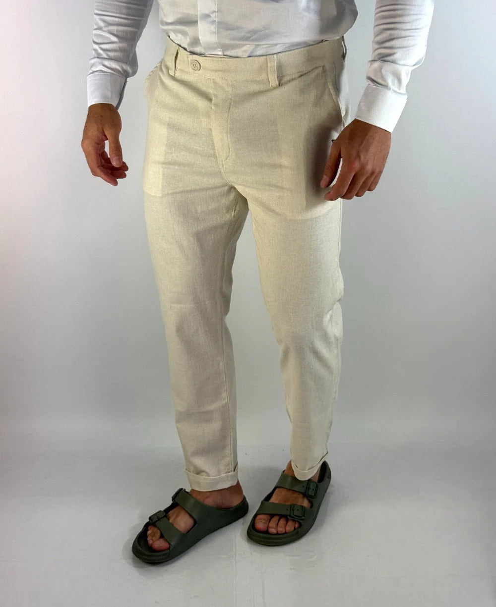 Calça Alfaiataria Linho Cós Transpassado Areia - Per Pochi